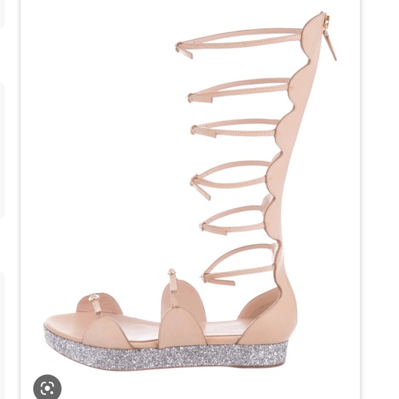 Giambattista Valli Nude leather tall gladiator wedge glitter sandals size 8.5 - Picture 2 of 12
